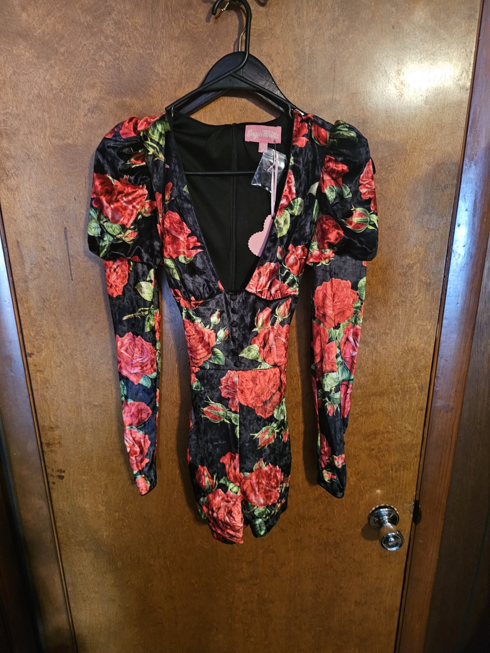 Dollskill x Sufar Thrillz Floral Velvet Deep V Romper with Puff Shoulders